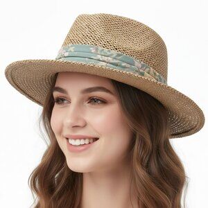 Vintage Straw Panama Wide Brim Hat Woven ACTWU Union Made Sage Peach Band Miami